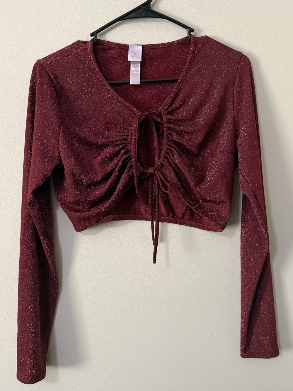 Savage X Fenty Burgundy Metallic Shimmer Tie Front Crop Top Long Sleeve Size L